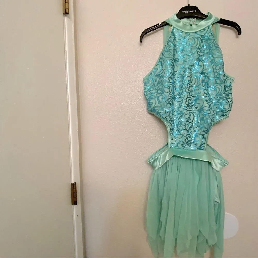 WEISSMAN Dance Costume mint aqua sequin WAITING GAME 10271 mesh cut out adult LA